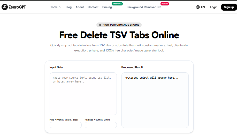 ZeeroGPT Delete TSV Tabs Tool Interface