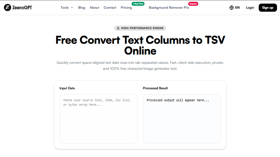 ZeeroGPT Convert Text Columns to TSV Online Interface