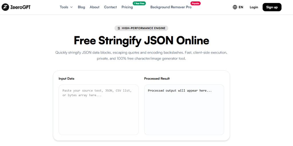 ZeeroGPT Stringify JSON Online Interface