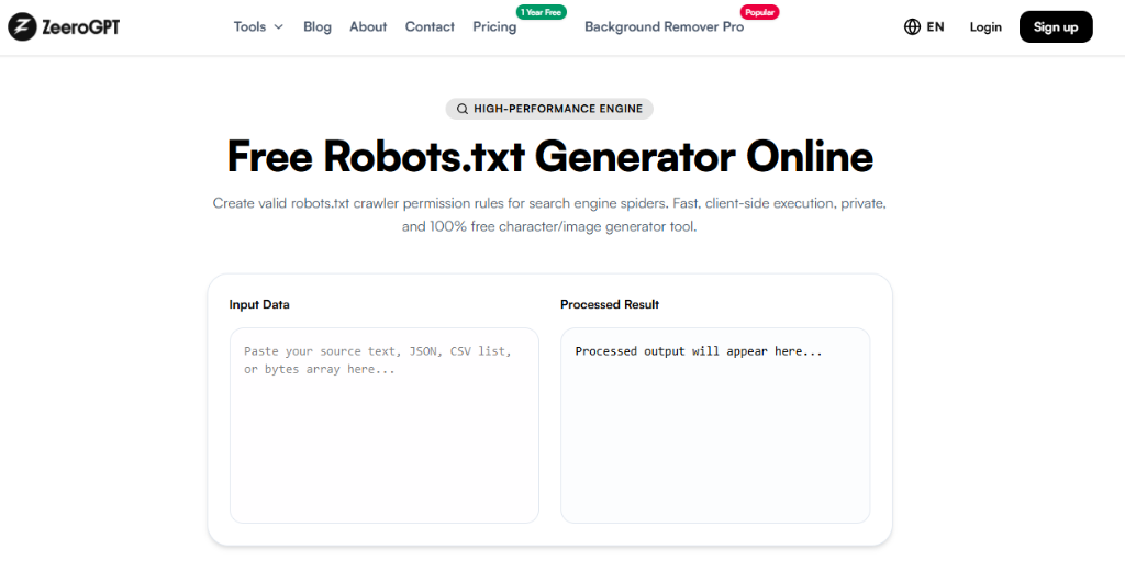 ZeeroGPT Robots.txt Generator Online Interface