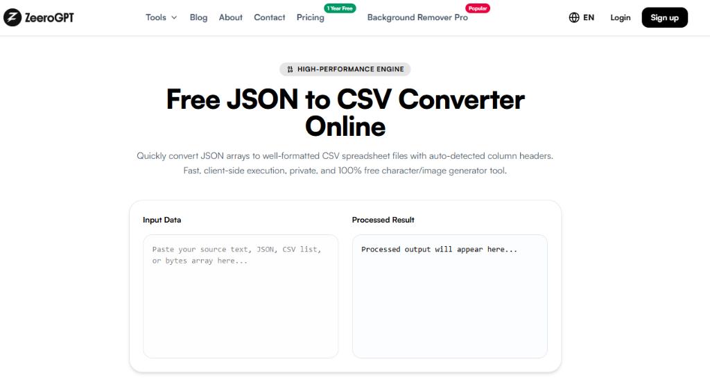 ZeeroGPT JSON to CSV Converter Online Interface