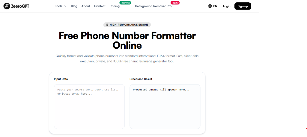 ZeeroGPT Phone Formatter Online Interface