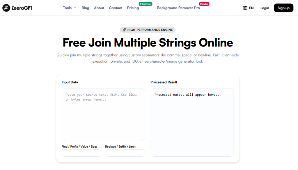 ZeeroGPT Join Multiple Strings Online Interface