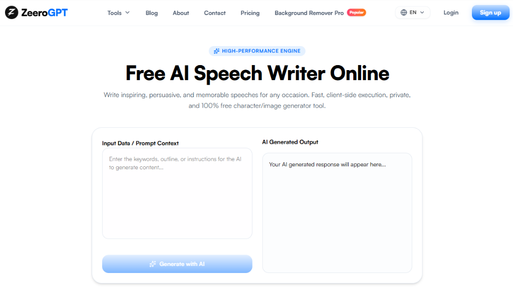 ZeeroGPT AI Speech Writer Interface