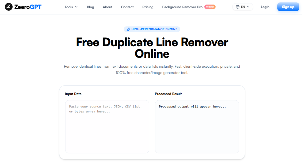 ZeeroGPT Duplicate Line Remover Interface