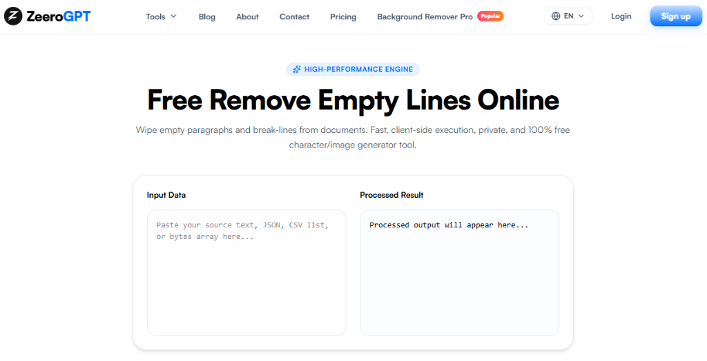 ZeeroGPT Remove Empty Lines Interface