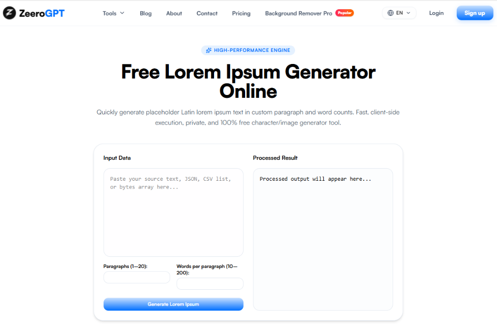 ZeeroGPT Lorem Ipsum Generator Interface